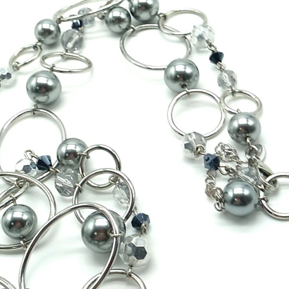 Lia Sophia ALPINE Long Necklace Gunmetal Gray Round Acrylic Beads Link Oval Hoop